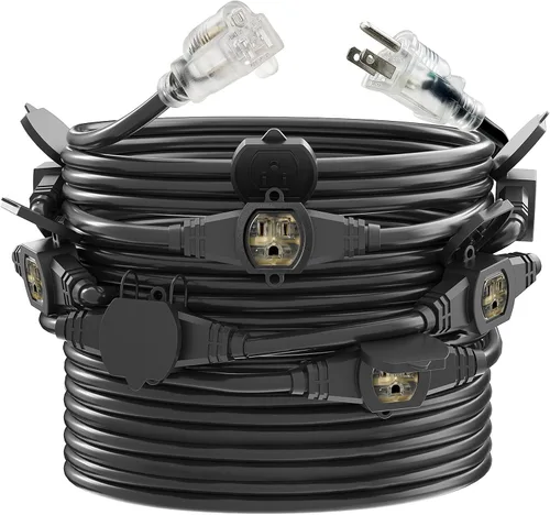 Vista 9 de Cable de Extensión de Corriente de 25 Pies con 3 Clavijas, Cable SJTW Calibre 12 5-15R de Enchufe Macho a Conector Hembra, 7 Tomacorrientes