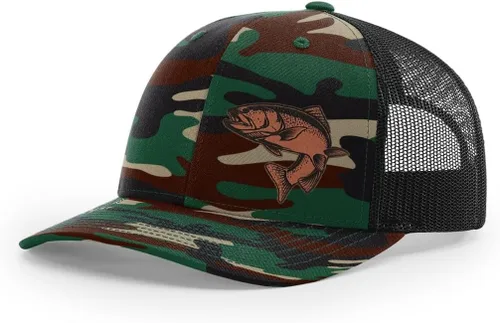 Vista 47 de Sombrero de pesca de trucha con parche de cuero grabado láser Richardson 112 Snapback Trucker Cap