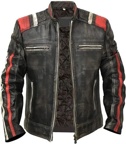 Vista 4 de Cafe Racer - Chaqueta de cuero negra envejecida estilo vintage