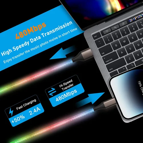 Vista 4 de Cable de carga para iPhone, cables Lightning LED que cambian de color, certificado Apple MFi, cable de carga rápida USB para Apple iPhone 13, 12, 11