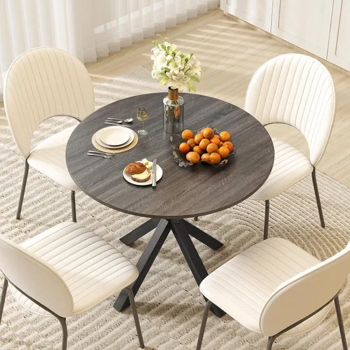 Vista 2 de Giantex Mesa de comedor redonda de 36" para 4, mesa de cocina estilo granja con patas de madera de goma, almohadillas ajustables para pies, mesas