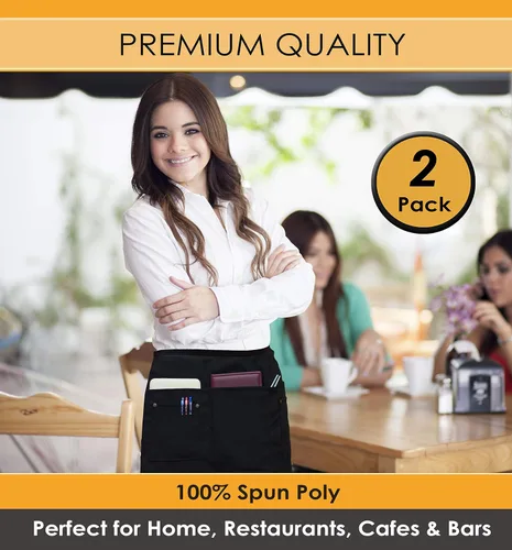 Vista 2 de Brtex Delantales de servidor con 5 bolsillos (paquete de 2) – Delantales de cintura negra de grado comercial para mujeres y hombres – Restaurantes