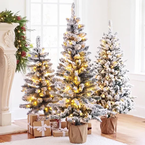 Vista 10 de Cinnyvoice Set of 3 Pre-lit Potted Christmas Tree with led, 2 ft, 3ft,4 ft Árbol de ciprés artificial preiluminado con base de cesta tejida