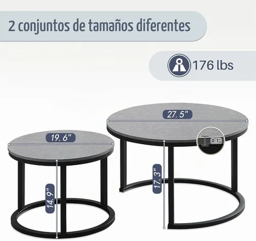 Vista 2 de Juego de 2 mesas auxiliares redondas para sala de estar, mesa central elegante con mesa de grano de madera, mesas auxiliares pequeñas