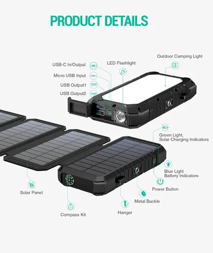 Vista 12 de BLAVOR - Banco de energía solar con 4 paneles plegables, cargador portátil de 20000 mAh Negro