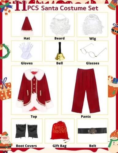 Vista 3 de Opemon Disfraz de Papá Noel para hombre, traje de Santa Claus de lujo, 11 piezas, color rojo, adulto, profesional, Navidad, cosplay, fiesta
