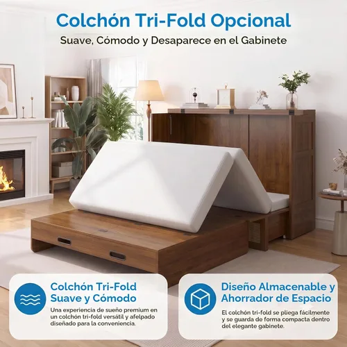 Vista 7 de Mjkone Murphy - Cama de gabinete con colchón de tres pliegues, Queen, nogal negro