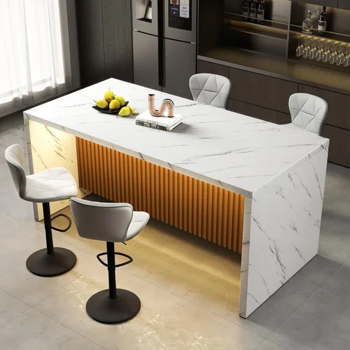Vista 9 de Mesa de comedor rectangular grande y moderna de 67 pulgadas para 4-6 personas, mesa de isla de mármol de imitación con luces LED para cocina
