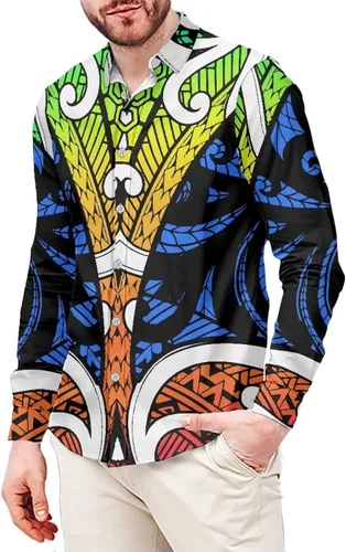 Vista 12 de Camisa polinesia con botones para hombre, Aloha Samoan, patrón tradicional, manga larga, camisa hawaiana para hombre, talla grande, casual
