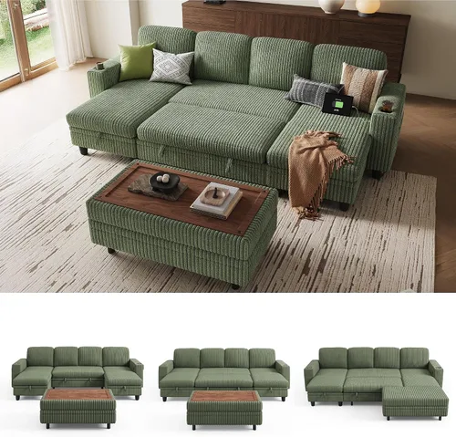 Vista 33 de LINSY HOME Sofá cama seccional con sofá cama extraíble para sala de estar (azul) Plush Corduroy