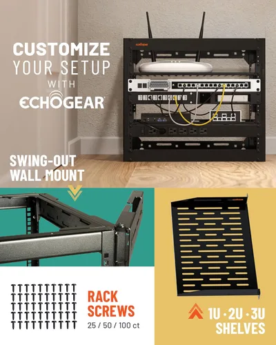 Vista 9 de ECHOGEAR Bastidor de red de 10U - Diseño de 4 postes resistente para montaje en pared, con estructura abierta que incluye 2 estantes ventilados