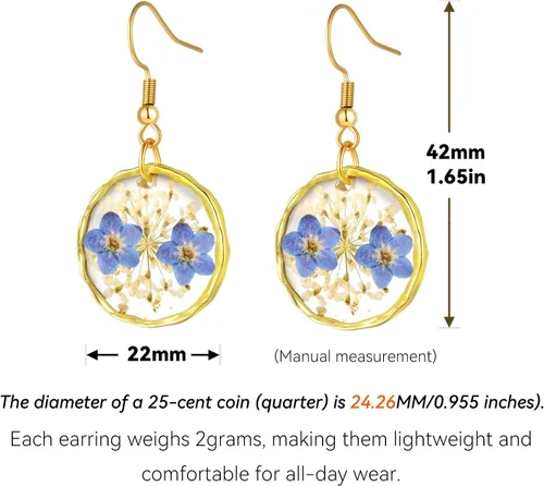 Vista 5 de Aretes de flores prensadas reales para mujer, hechos a mano, diseño bohemio, elegante, joyería floral única, regalo lindo y pensado para Navidad
