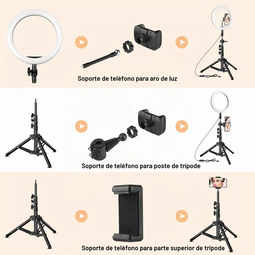 Vista 4 de Anillo de luz de 10 pulgadas con soporte de trípode, anillo de luz LED Rovtop para cámara selfie con trípode para iPhone y soporte para teléfono