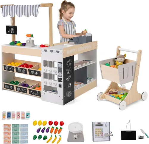 Vista 11 de Costzon Juego de simulación para tienda de comestibles, tienda de juegos de madera, juego de supermercado para niños pequeños con caja registradora