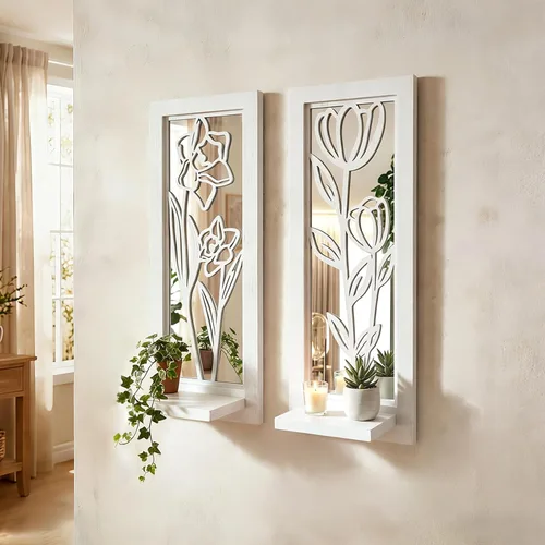 Vista 13 de ZEXUIRU Juego de 2 candelabros rústicos para sala de estar, dormitorio, entrada, espejo de madera, granja, marco tallado para montaje en pared