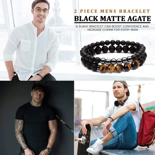Vista 2 de Roman Ventures - Juego de 2 pulseras para hombre, hematita y ágata negra mate con ojo de tigre o piedra de lava negra pulsera de hematita pulsera