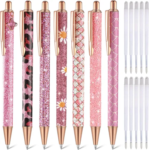 Vista 19 de Sherr 7 bolígrafos elegantes para mujer, lindos bolígrafos de purpurina brillantes con 10 recambios de tinta negra, bonitos regalos para niñas