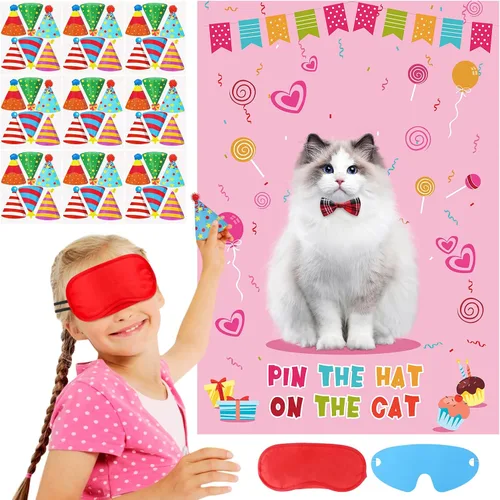 Vista 4 de Juego de fiesta de Hooqict Pin The Hat On The Cat para gatos, juegos de fiesta de cumpleaños de gato para niños, suministros de fiesta de cumpleaños