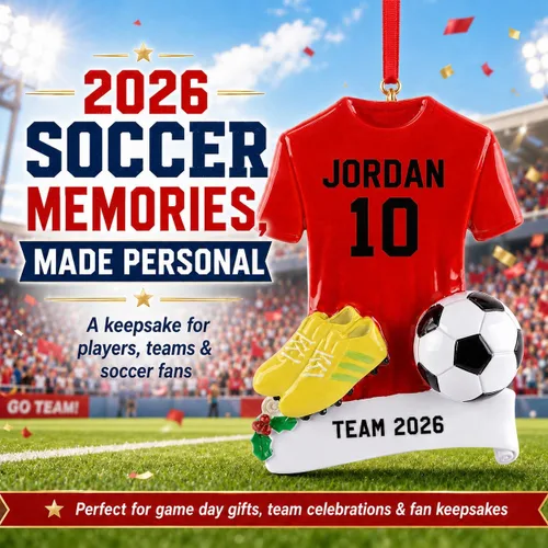 Vista 4 de Adornos de Navidad de fútbol personalizados – Adorno de fútbol 2025 – Adornos para fanáticos de los deportes – Regalos de atletismo rojo – Adorno