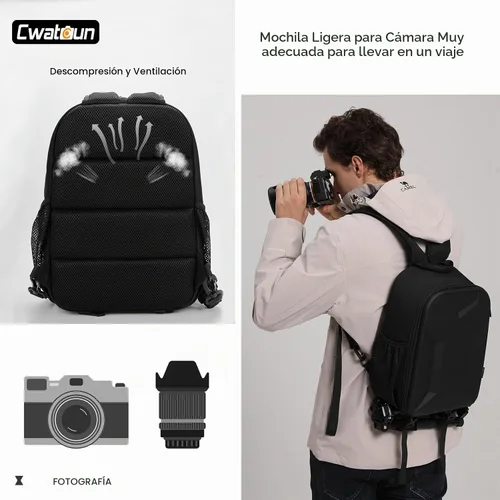 Vista 9 de Cwatcun Mochila para cámara con carcasa rígida para fotografía, bolsa de bandolera con correa de cámara a prueba de golpes 2 en 1, estuche para Negro