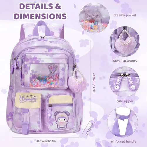 Vista 3 de Mochila Kawaii para niñas primaria primaria y media con múltiples bolsillos, bolsas casuales de viaje, Púrpura, Grande, dibujos animados