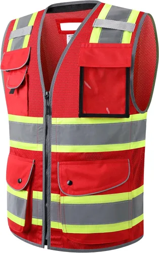 Vista 19 de JKSafety Chaleco de seguridad frontal con cremallera de alta visibilidad Clase 2 de 9 bolsillos con tiras reflectantes, cumple con las normas