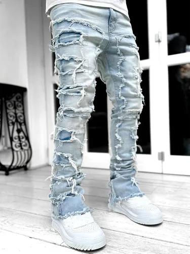 Vista 5 de LouVasabuce Pantalones de mezclilla desgastados desgastados y desgastados para hombre, corte recto, ajuste regular, pantalones de mezclilla apilados