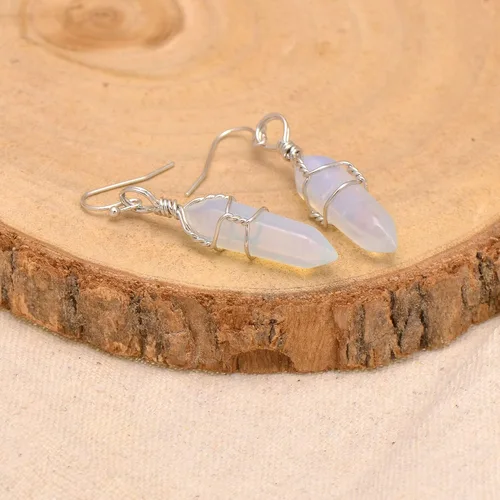 Vista 19 de Pendientes de cristal de punta envuelta en alambre de piedra pulida para mujer Reiki Energy Healing