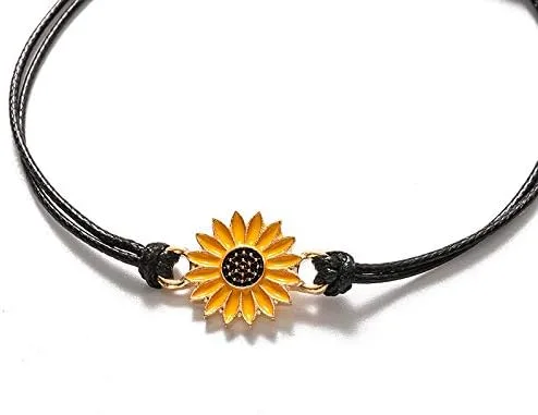 Vista 7 de Pulseras de girasol de moda para hombres y mujeres, hechas a mano, trenzadas con cuerda negra, dije de amistad, tarjeta de deseos, surf, joyería