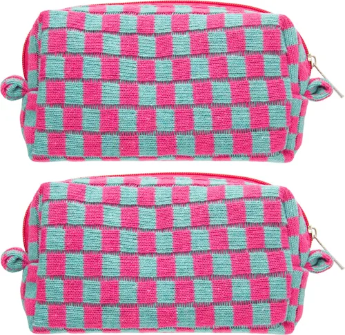 Vista 22 de PAZIMIIK Bolsa de Maquillaje a Cuadros para Bolso Portátil con Cremallera, Estuche Pequeño de Cosméticos para Accesorios de Viaje, Azul Ártico