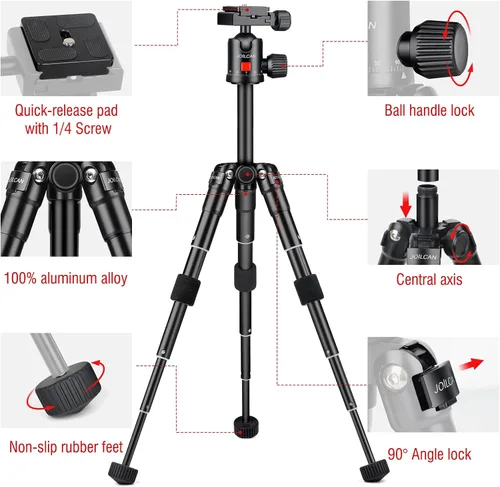 Vista 7 de JOILCAN Mini trípode para cámara, trípode de escritorio de aluminio de 21 pulgadas con cabeza de bola de 360°, trípodes de viaje portátiles