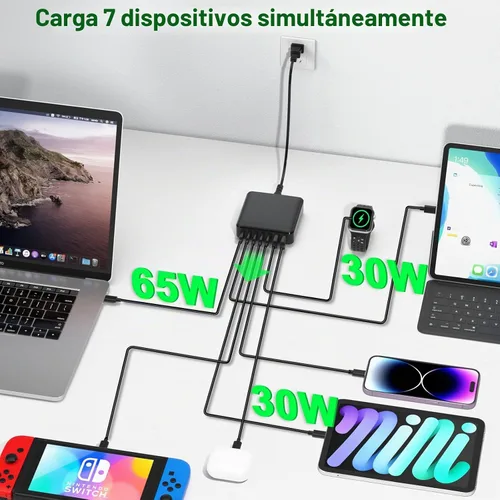 Vista 3 de Cargador USB C, estación de carga rápida USB C de 200 W y 7 puertos, cargador de laptop de 65 W compatible con MacBook Pro/Air, iPad, iPhone