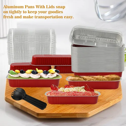 Vista 6 de Mini Moldes para Pasteles con Tapas, 50PCS Moldes Rectangulares Desechables de 6.8OZ Ramekins Forros para Cupcakes con Tapas Moldes para Pan Mini