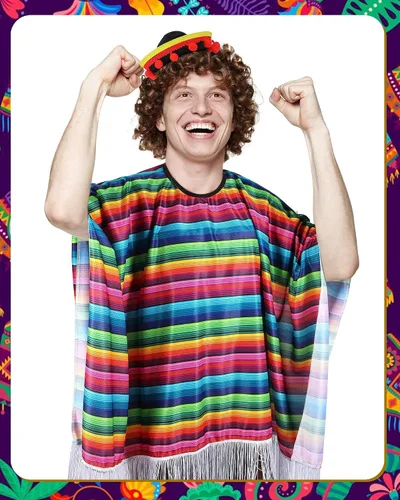 Vista 4 de Juego de 12 piezas de poncho y sombrero mexicanos del Cinco de Mayo para adultos, poncho de serape para fiesta mexicana con sombrero de paja