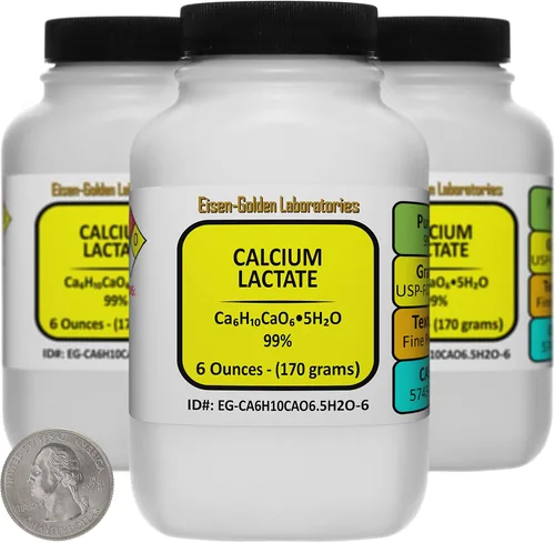 Vista 6 de Lactato de calcio [C6H10CaO6.5H2O] 99% USP-FCC Polvo de grado alimenticio 3 Oz en una botella