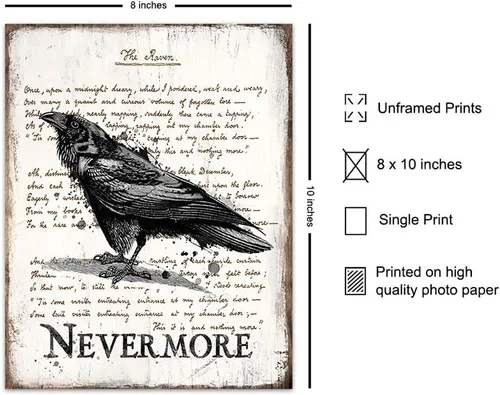Vista 2 de Regalos de Edgar Allan Poe - El Cuervo - Nunca más - Arte de Pared de Poesía Espeluznante - Decoración de Habitación Gótica - Decoración Gótica