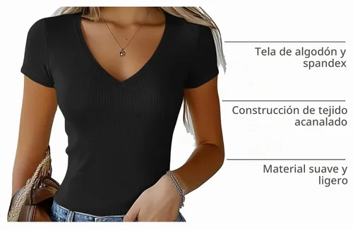 Vista 4 de Ficerd Paquete de 3 camisetas de algodón de manga corta para mujer, cuello en V, acanaladas, ajustadas, camisetas básicas casuales de verano