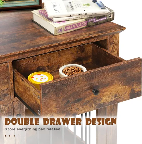 Vista 4 de LEMBERI Mueble de jaula para perros grande de 44 pulgadas, mesa auxiliar de madera para perros con cajones de almacenamiento, jaula decorativa