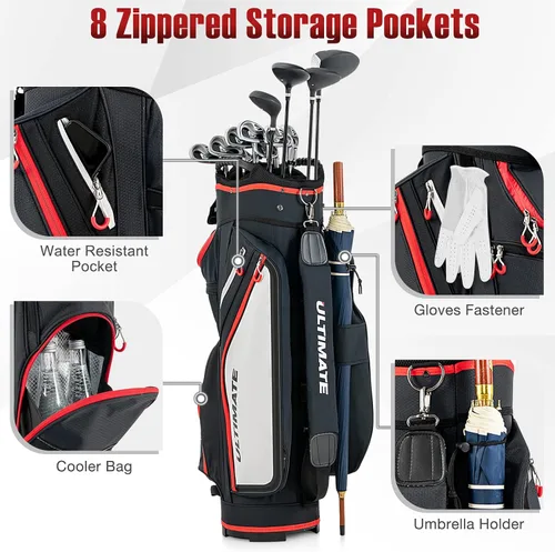 Vista 5 de GYMAX Bolsa de golf, bolsa de carrito de golf con divisor de 14 vías con capucha de lluvia y bolsa enfriadora, bolsa de golf impermeable para Negro