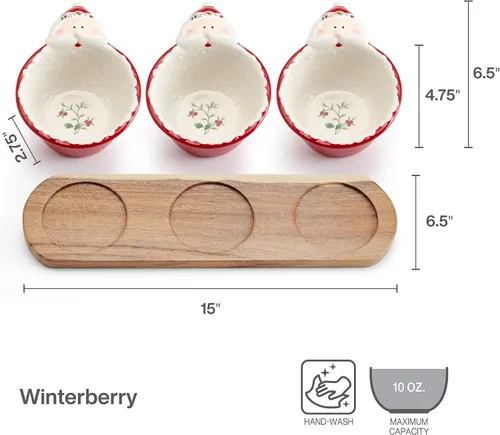 Vista 2 de Pfaltzgraff Winterberry Cuencos para Salsas de Papá Noel con Base de Madera, Juego de 3