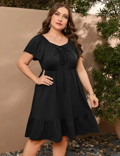 Vista 4 de ShopWonder Vestidos hawaianos de talla grande para mujer, vestido de cuello cuadrado, manga corta, casual, acampanado, vestido de verano