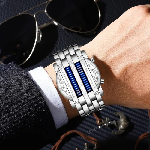 Vista 5 de Binary Matrix Blue led - Reloj Digital para hombre, moda clásica y creativa, color negro chapado
