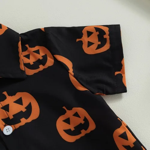 Vista 4 de Gueuusu Ropa de Halloween para bebé niño, camisa de manga corta con botones y cintura elástica, 2 piezas, traje de caballero
