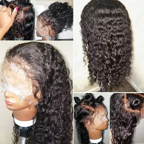 Vista 7 de Pelucas de pelo humano de encaje completo para las mujeres negras, cabello estilo mojado, ondulado, brasileño, virginal, Sin pegamento, con encaje