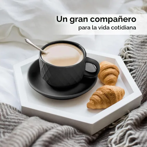 Vista 6 de MIAMIO - 6 tazas de café expreso de gres de 2.5 onzas, juego moderno de tazas con soporte y platillos - Colección Palmanova (negro) Ceramic