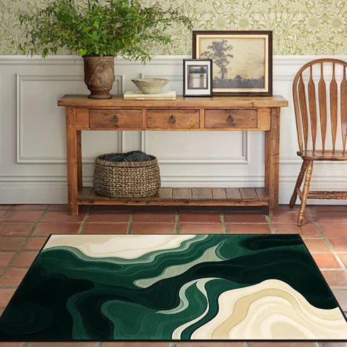 Vista 2 de Alfombra de entrada lavable verde de 2 x 3 pies, alfombra decorativa de mármol abstracto, alfombra pequeña antideslizante para puerta de entrada