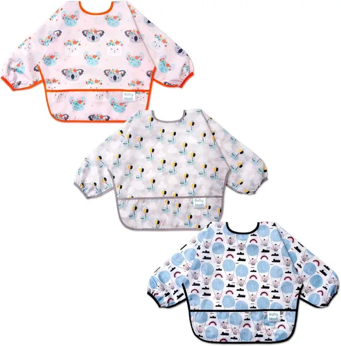 Vista 16 de Juego de baberos de manga larga de 3 piezas, baberos impermeables para bebés con bolsillo, babero para niños pequeños con mangas, bata resistente a