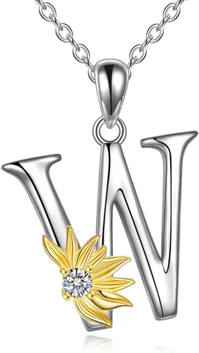 Vista 21 de POPLYKE Collar de girasol con inicial para mujer, plata de ley 925, colgante de girasol, cadena con dije de letra inicial