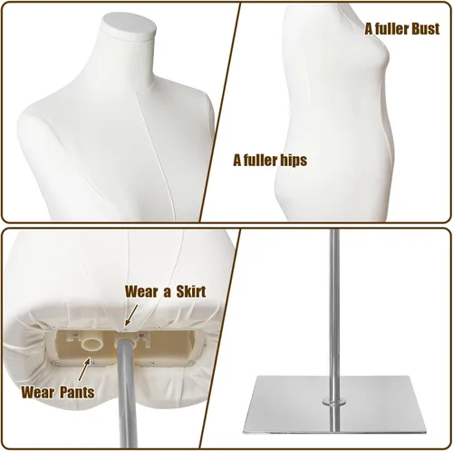 Vista 4 de Maniquí femenino Torso de talla grande para mujer, formas de vestido para coser cuerpo maniquí resistente base metálica plateada para ropa, vestido