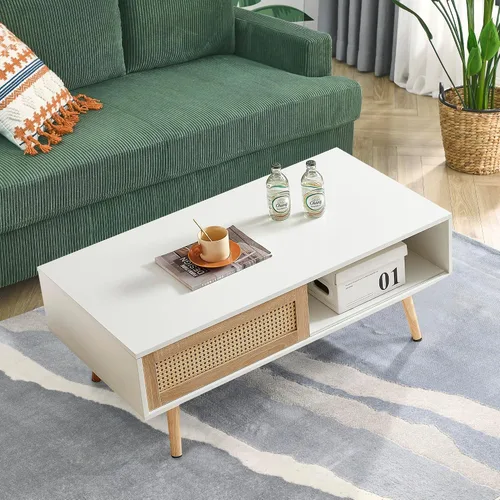 Vista 8 de Mesa de centro de ratán, mesa de centro moderna de mediados de siglo de 40.3 pulgadas con almacenamiento, mesa rectangular de madera para sofá